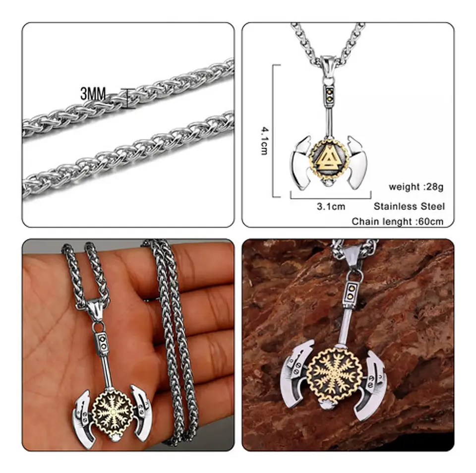 Collar Para Hombres Dije Hacha Vikingo Valknut Aegishjalmur Plateado 2