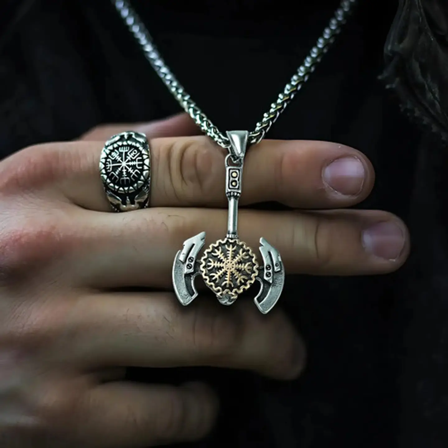Collar Para Hombres Dije Hacha Vikingo Valknut Aegishjalmur Plateado 3