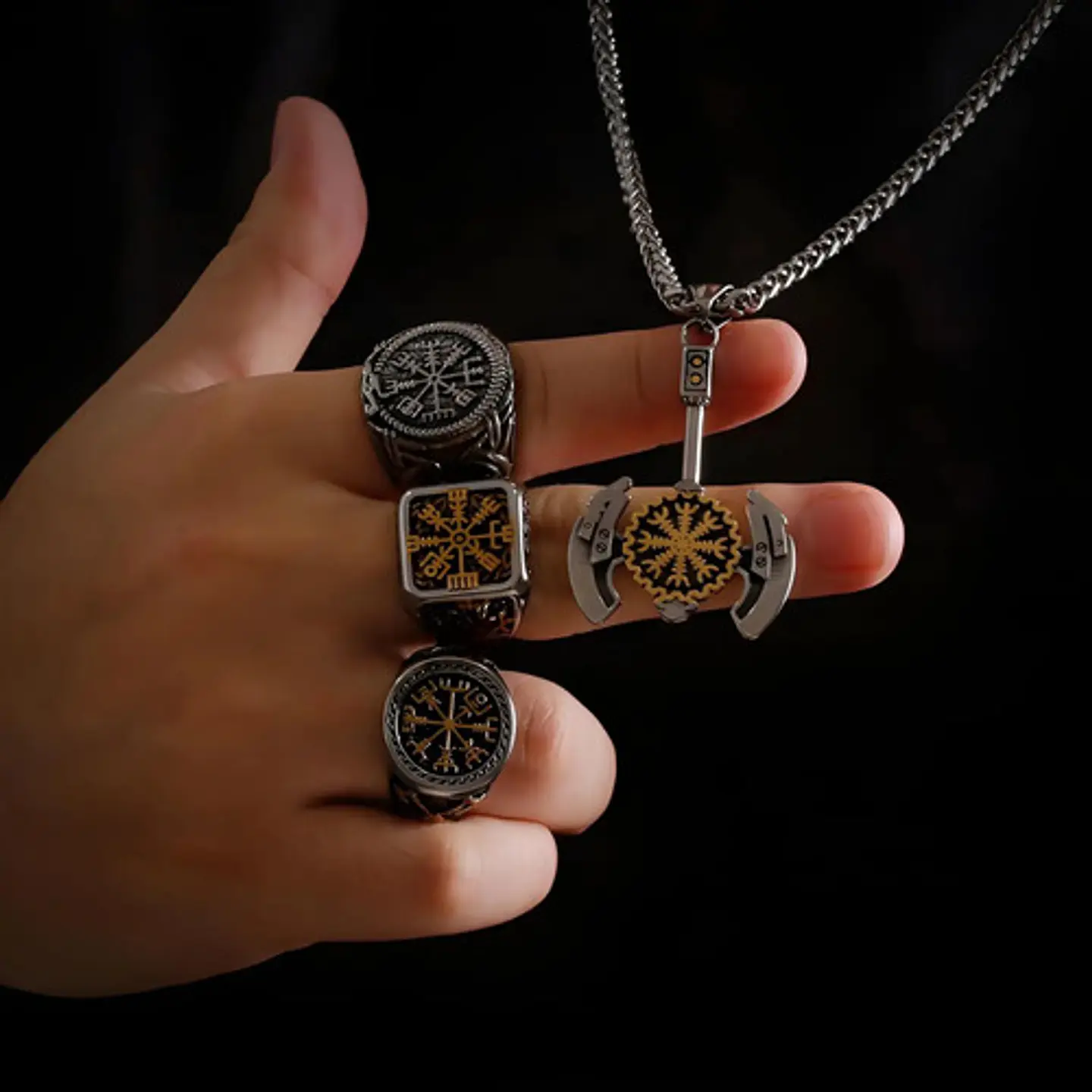 Collar Para Hombres Dije Hacha Vikingo Valknut Aegishjalmur Plateado 4