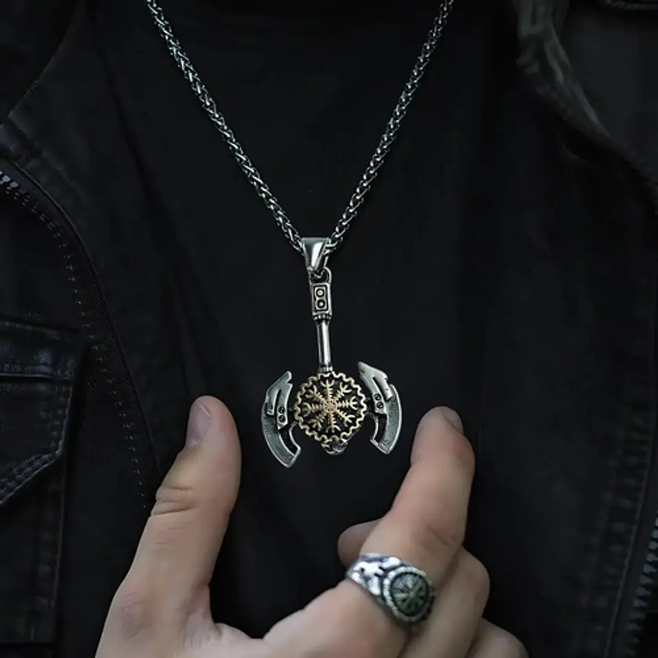 Collar Para Hombres Dije Hacha Vikingo Valknut Aegishjalmur Plateado 5