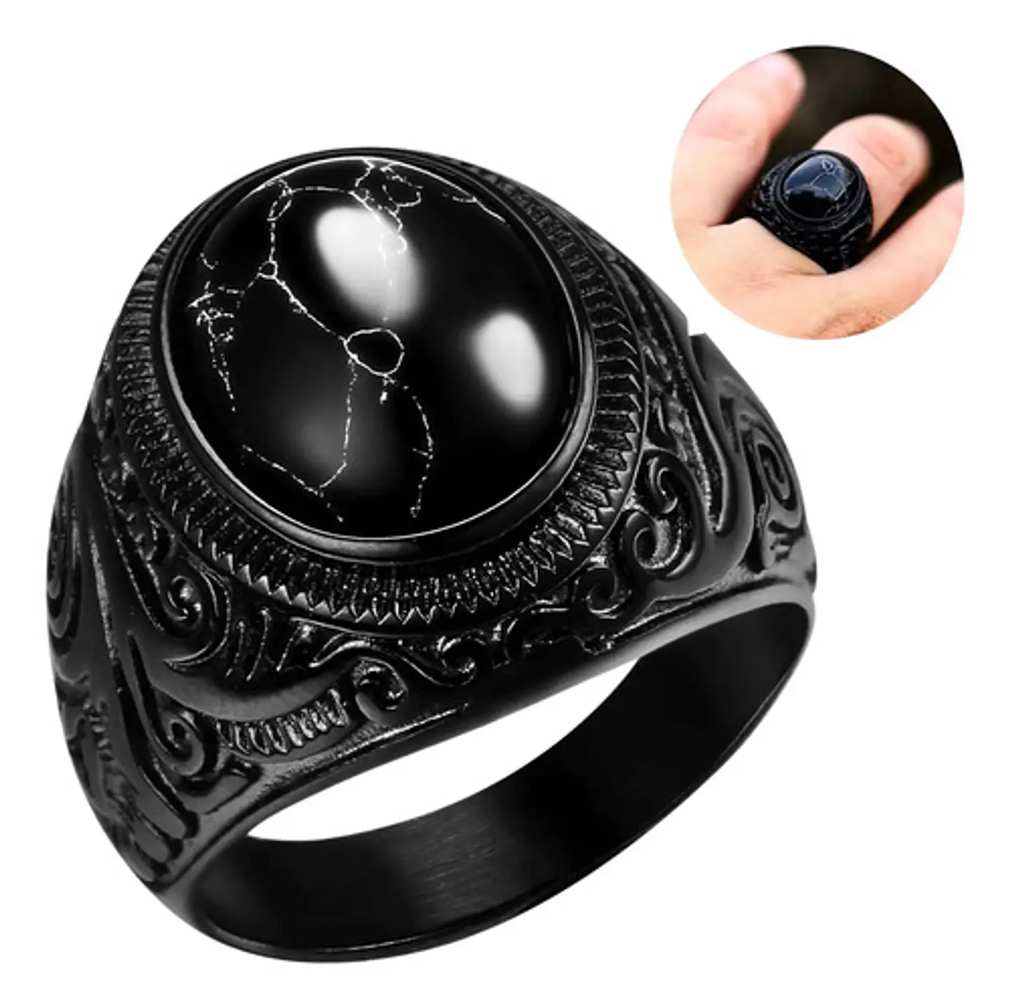 Anillo Vikingo Nordico Piedra Acero Color Negro Para Hombre 1