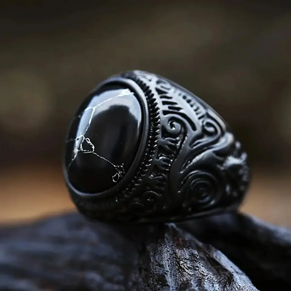 Anillo Vikingo Nordico Piedra Acero Color Negro Para Hombre 2