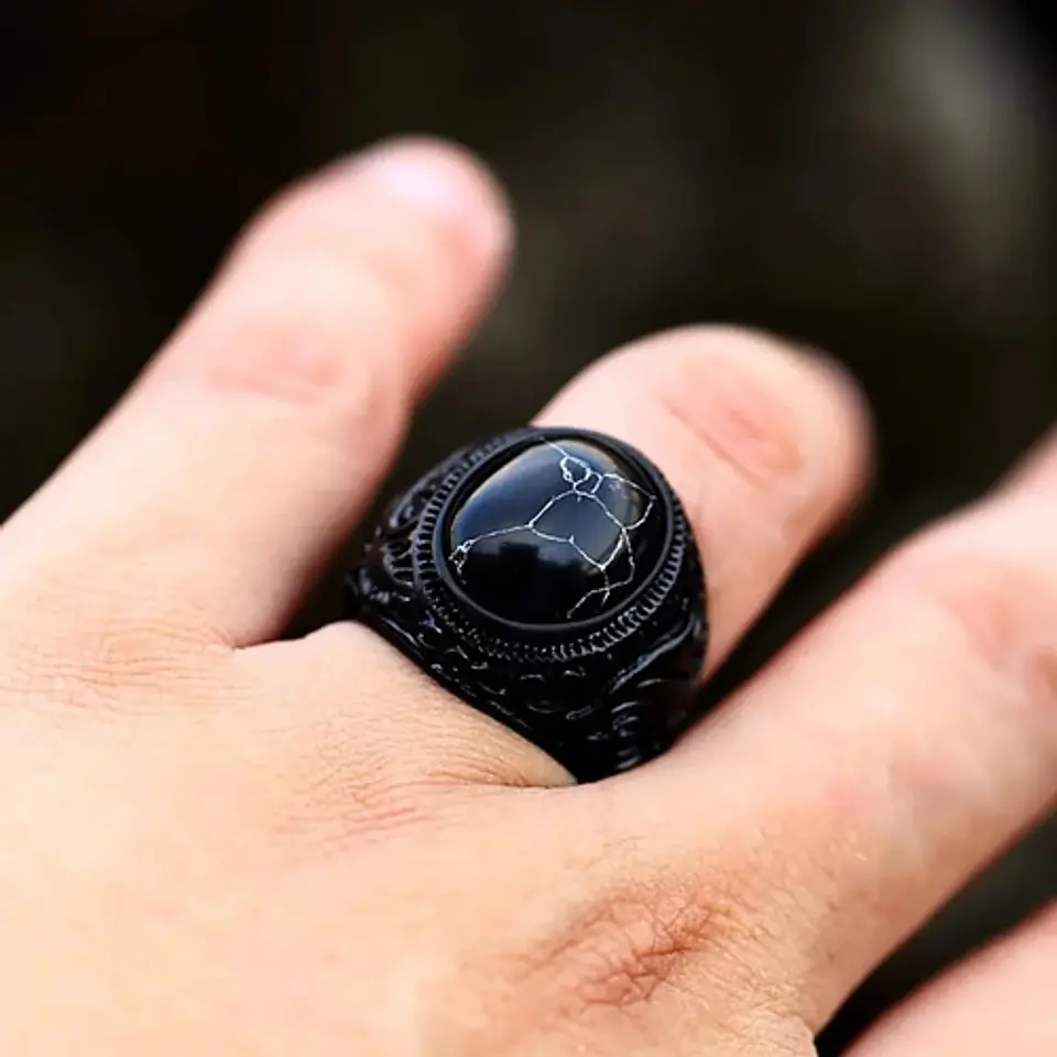 Anillo Vikingo Nordico Piedra Acero Color Negro Para Hombre 4
