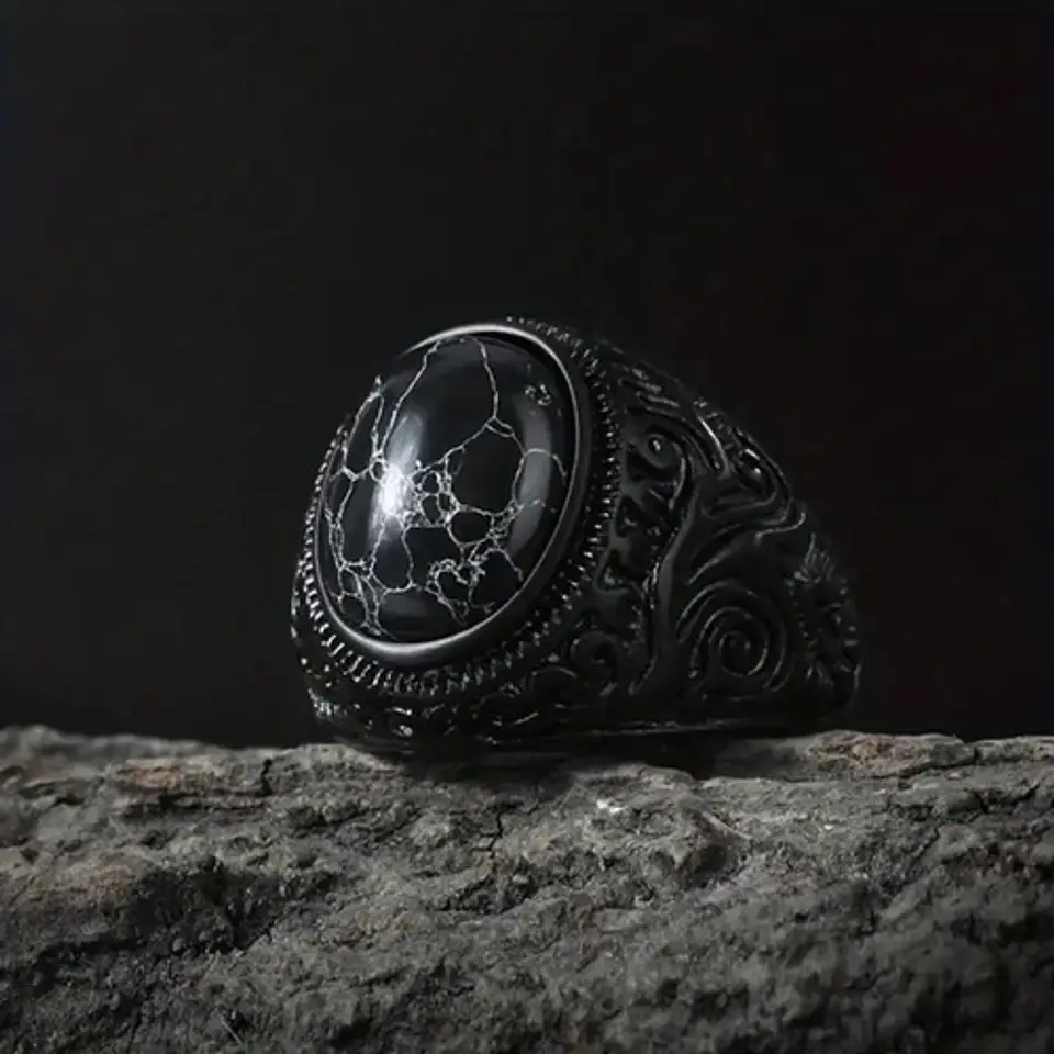 Anillo Vikingo Nordico Piedra Acero Color Negro Para Hombre 5