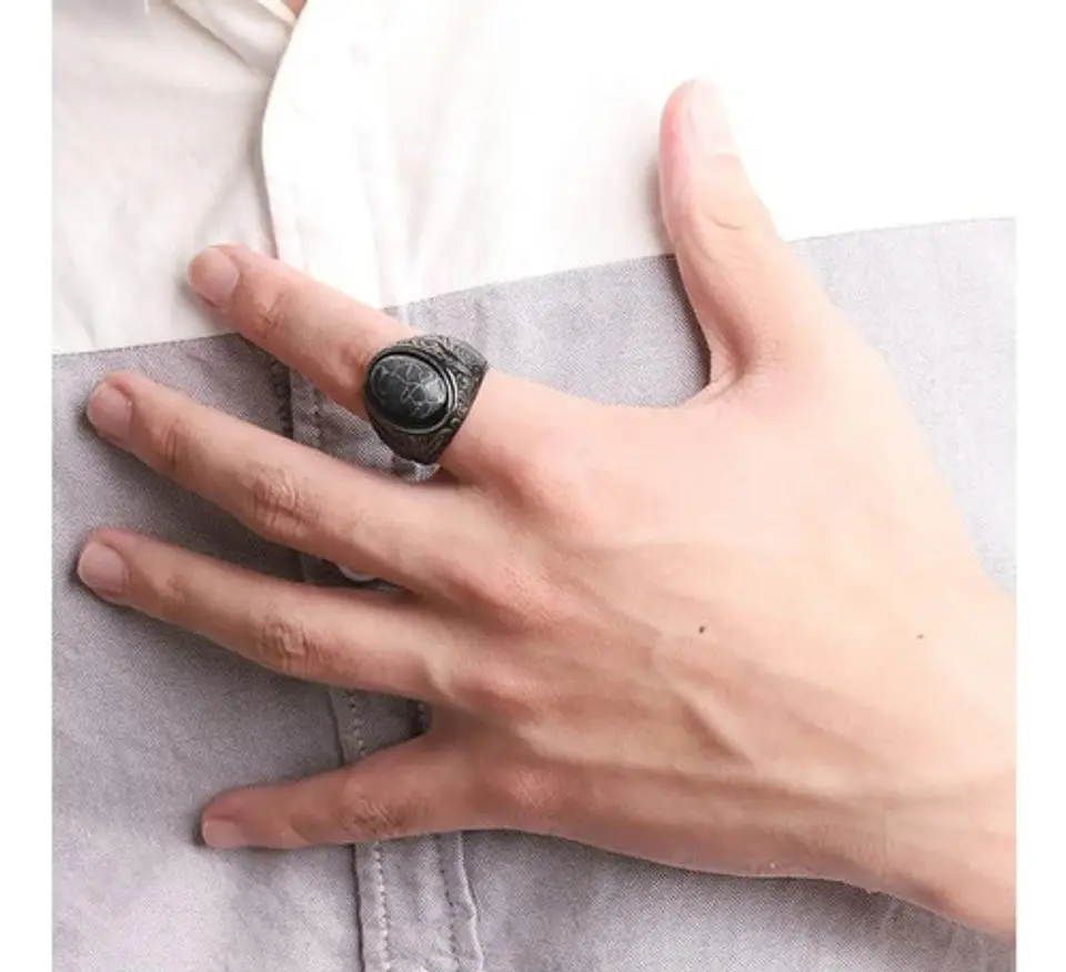 Anillo Vikingo Nordico Piedra Acero Color Negro Para Hombre 8