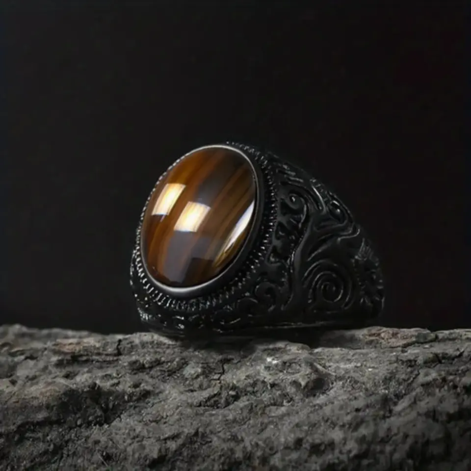 Anillo Vikingo Nordico Piedra Acero Color Negro Para Hombre 12