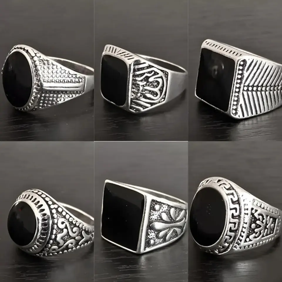 Anillo Hombre Color Plata  Piedra Negra Vintage Bohemio 39