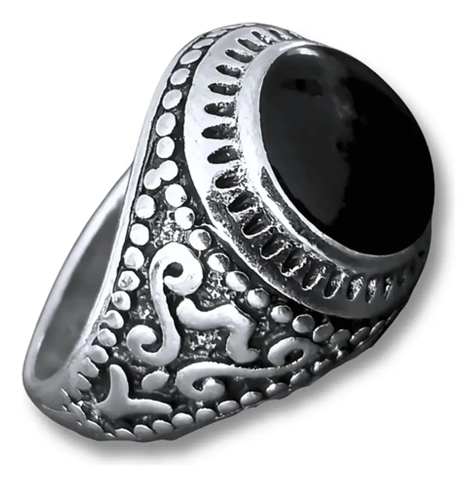 Anillo Hombre Color Plata  Piedra Negra Vintage Bohemio 40