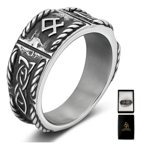 Anillo Vikingo Odin Runa Amuleto Acero Color Plata Hombre