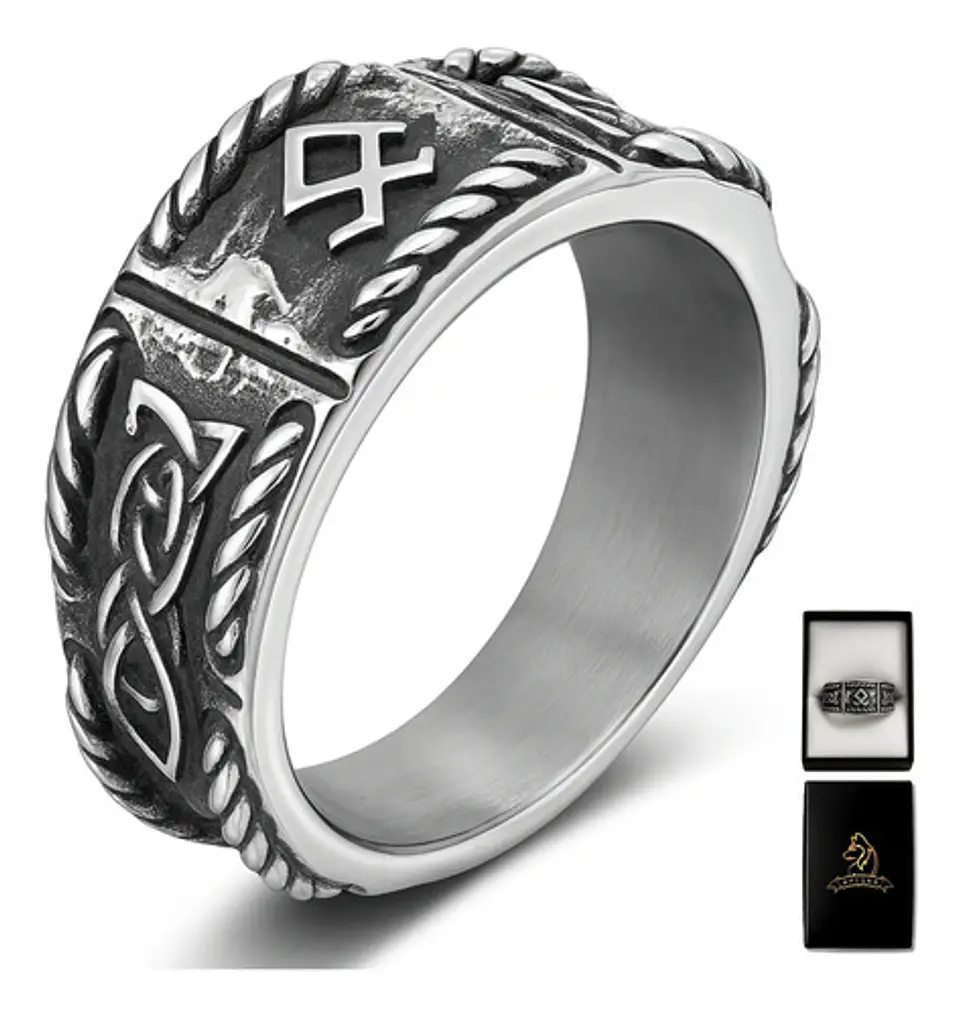 Anillo Vikingo Odin Runa Amuleto Acero Color Plata Hombre 1