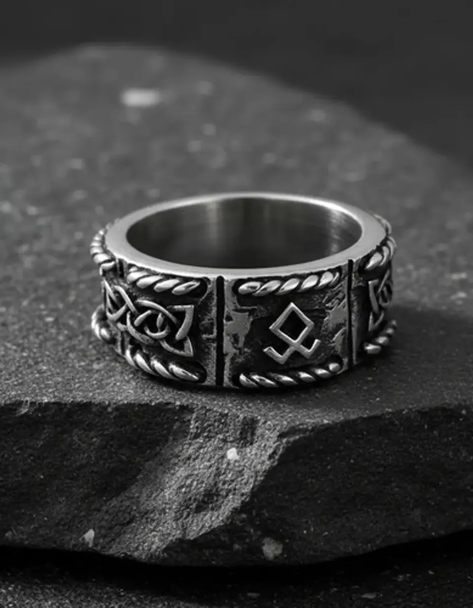Anillo Vikingo Odin Runa Amuleto Acero Color Plata Hombre 8