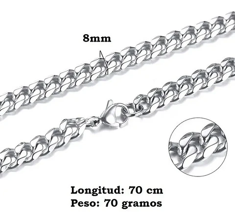 Cadena 8 Mm Acero 70 Cm Color Oro Cubana Urbana Hip Hombre