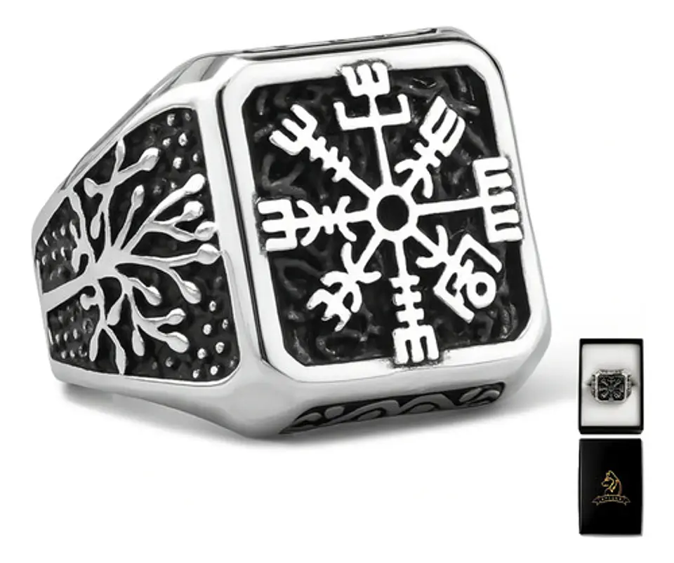 Anillo Acero Vikingo Color Plata Árbol De La Vida Hombre 1