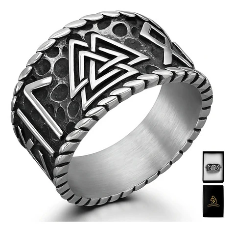 Anillo Runa Vikingo Nórdico Amuleto Acero Color Plata Hombre