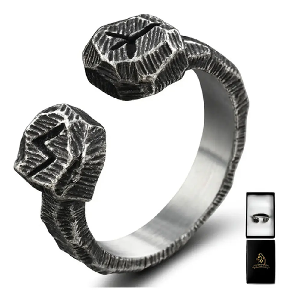 Anillo Acero Rustico Runas Vikingo Odin Color Plata Hombre 1
