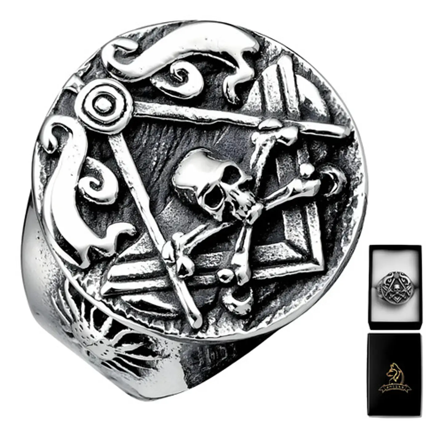 Anillo Masón Cráneo Calavera Acero Color Plata Para Hombre 1
