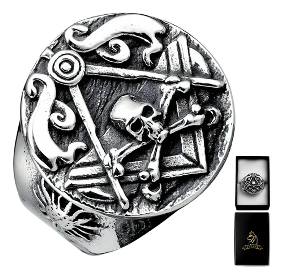 Anillo Masón Cráneo Calavera Acero Color Plata Para Hombre 1