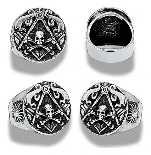 Anillo Masón Cráneo Calavera Acero Color Plata Para Hombre