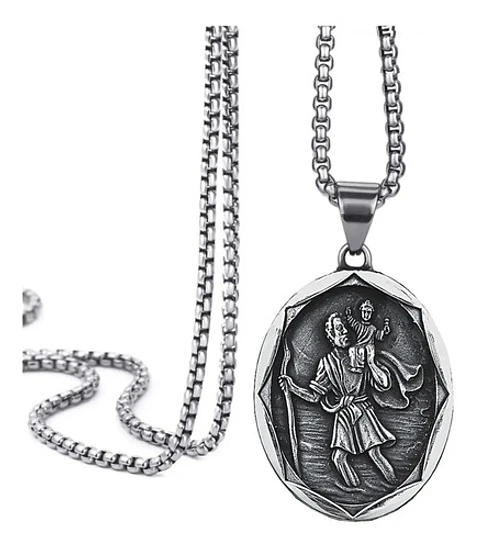 Collar Para Hombre Con Dije Saint Christopher Color Plata 