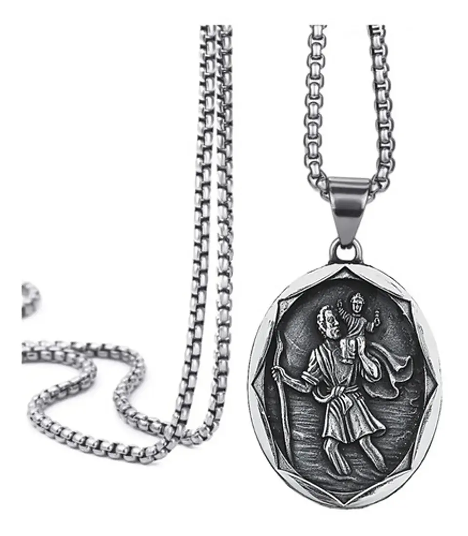 Collar Para Hombre Con Dije Saint Christopher Color Plata  1