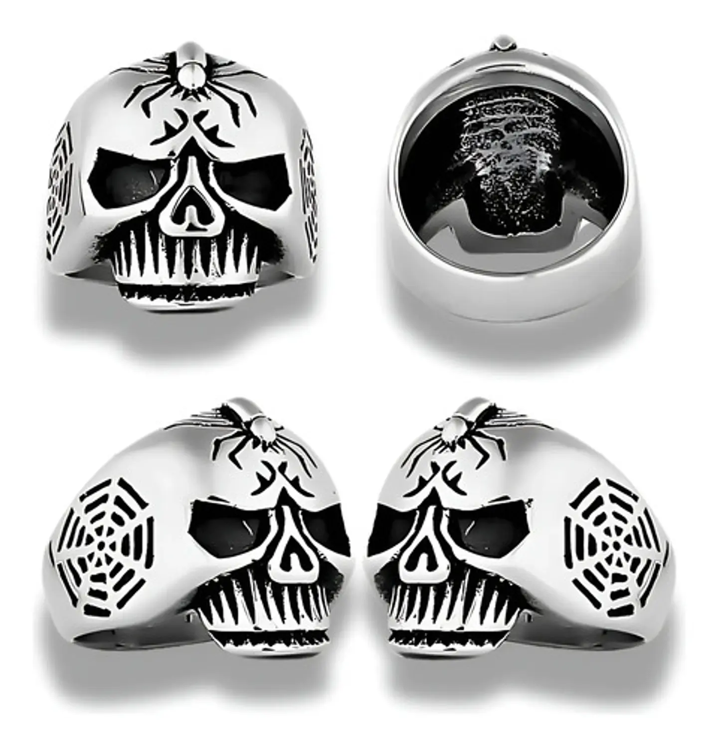 Anillo Calavera Cráneo Araña Gotico Acero Color Plata Hombre 2