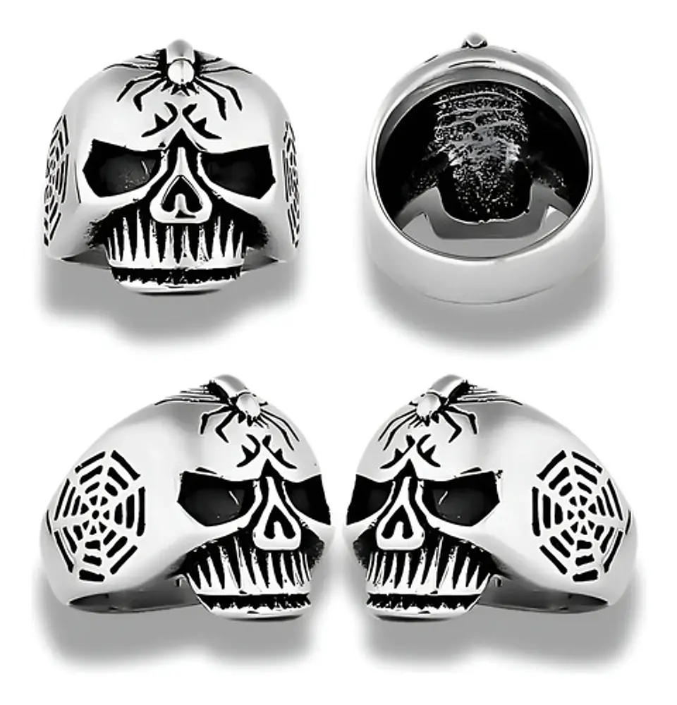 Anillo Calavera Cráneo Araña Gotico Acero Color Plata Hombre 2