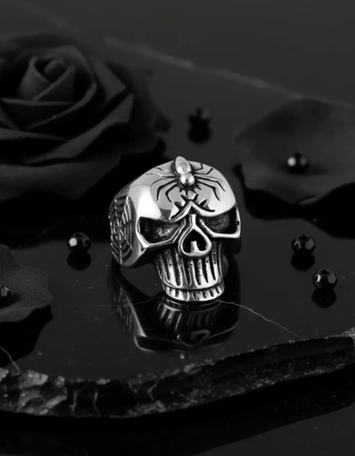 Anillo Calavera Cráneo Araña Gotico Acero Color Plata Hombre 8