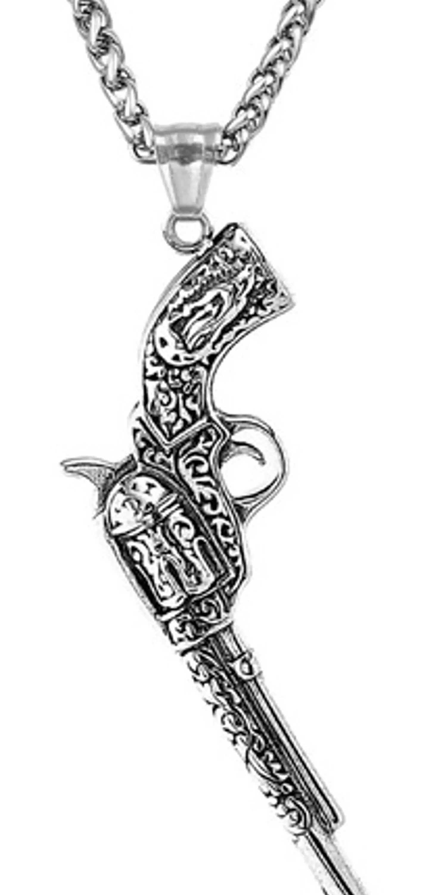 Collar Dije Forma Pistola Revolver Acero Color Plata Hombre 1
