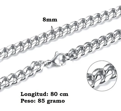 Cadena Cubana Para Hombre 8mm De Acero 80 Cm Color Plata