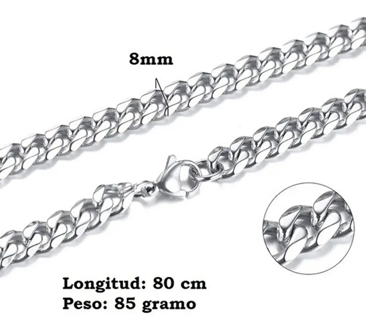 Cadena Cubana Para Hombre 8mm De Acero 80 Cm Color Plata 2
