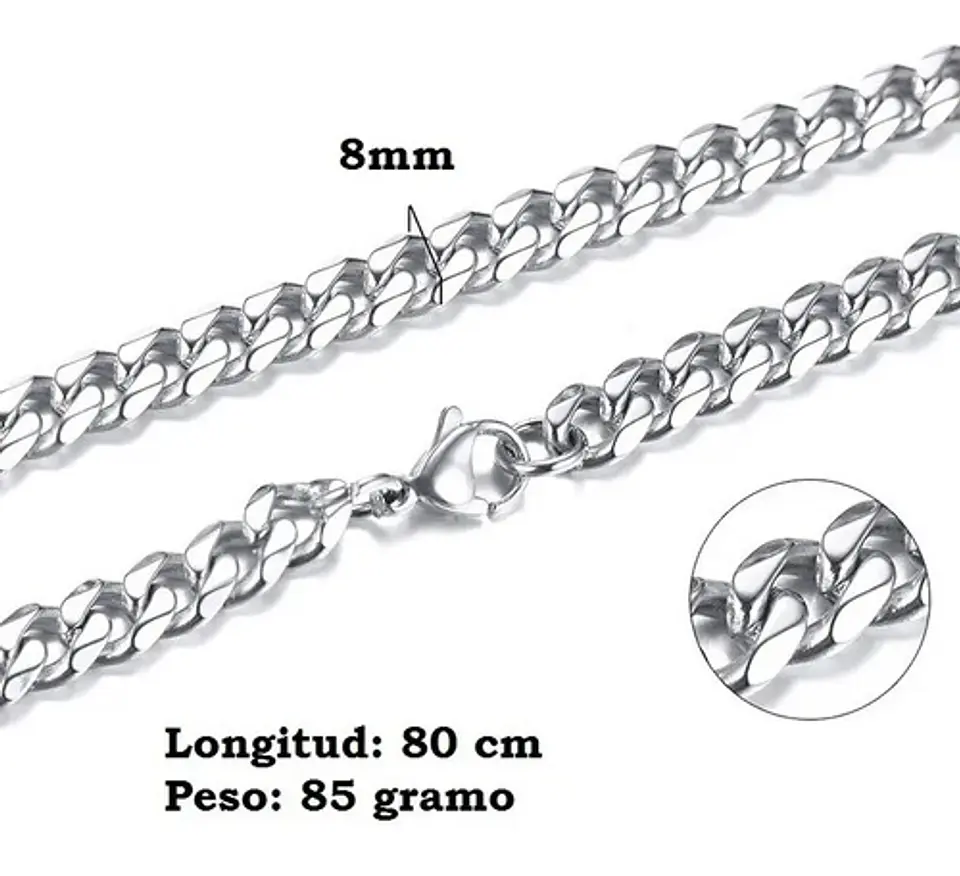Cadena Cubana Para Hombre 8mm De Acero 80 Cm Color Plata 2
