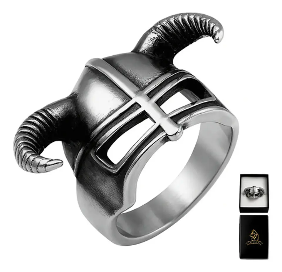 Anillo Acero Vikingo Color Plata Cuernos Nórdico Odin Hombre 1