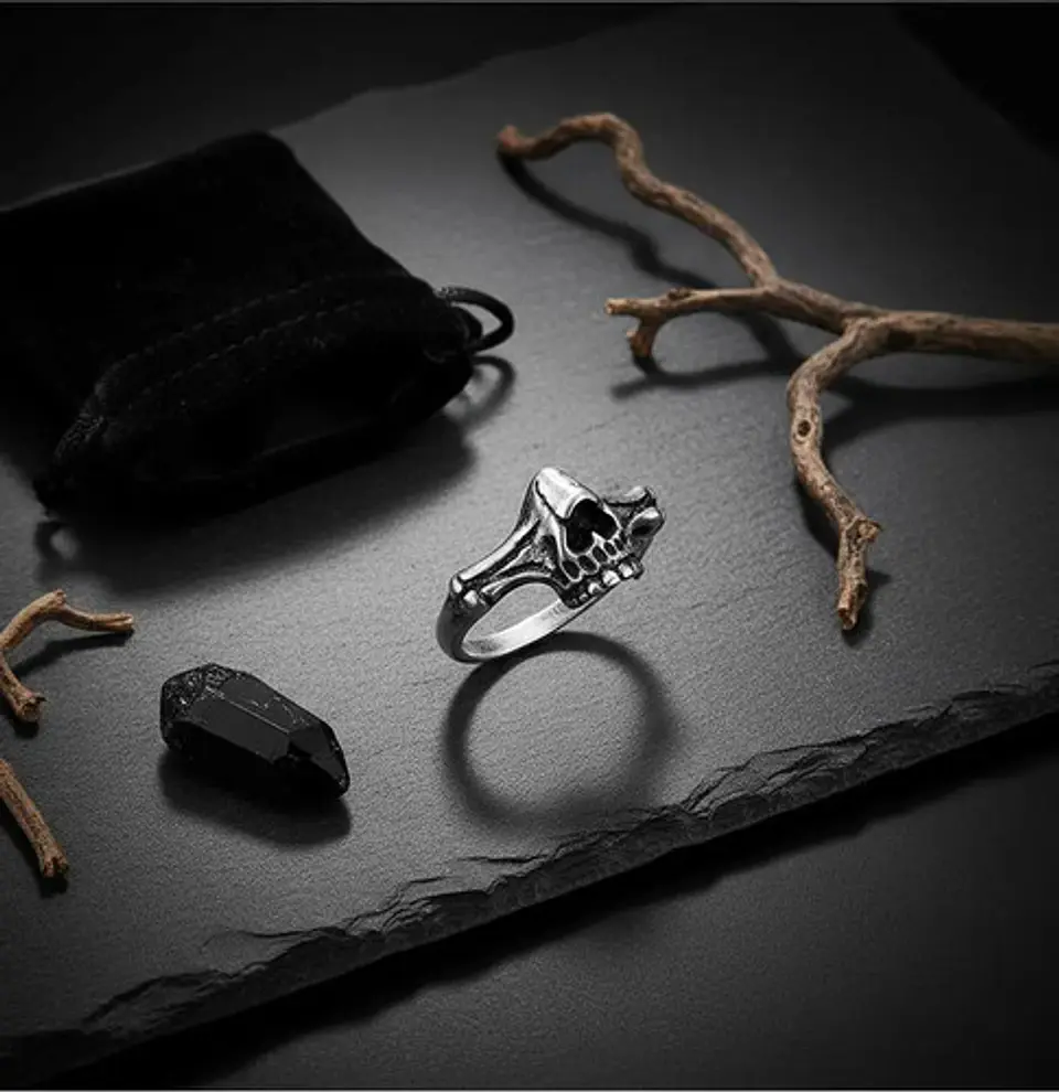 Anillo De Acero Craneo Mandibula Rustico Color Plata Hombre 5