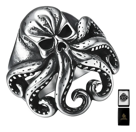 Anillo Pulpo Kraken Calavera Craneo Acero Color Negro Hombre