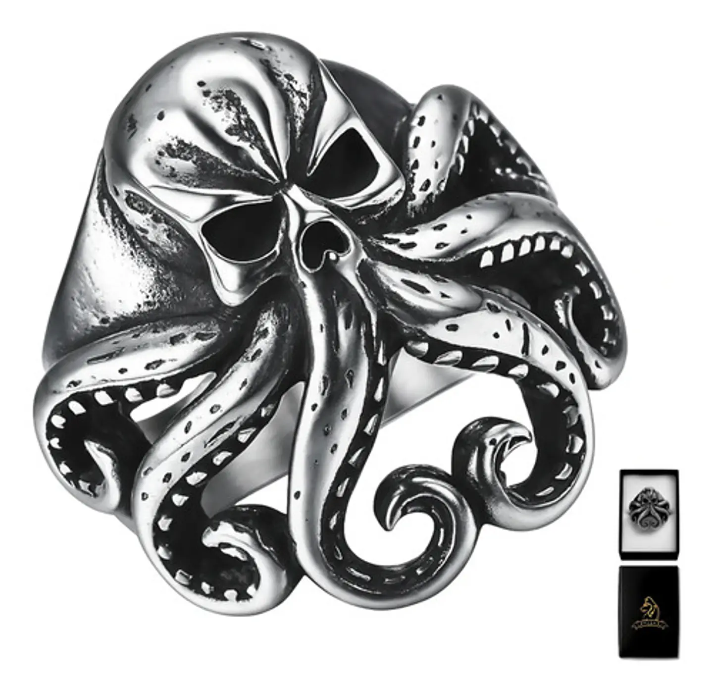 Anillo Pulpo Kraken Calavera Craneo Acero Color Negro Hombre 1