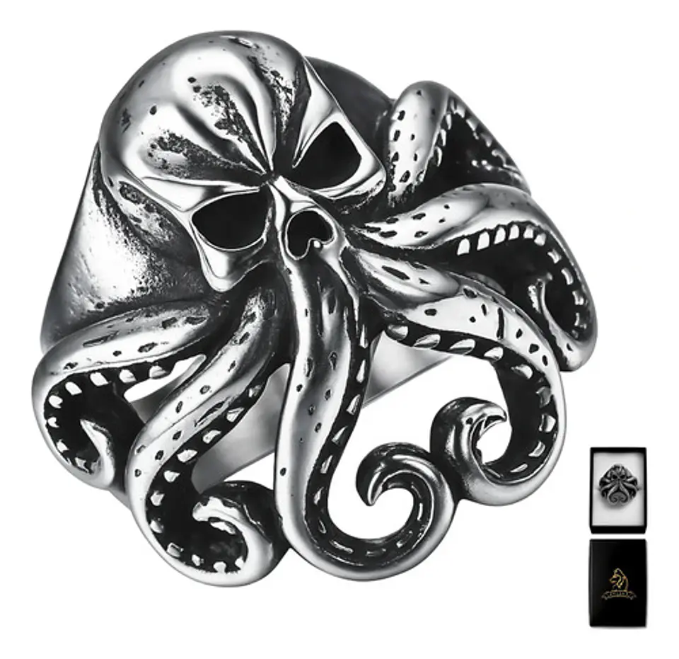 Anillo Pulpo Kraken Calavera Craneo Acero Color Negro Hombre 1