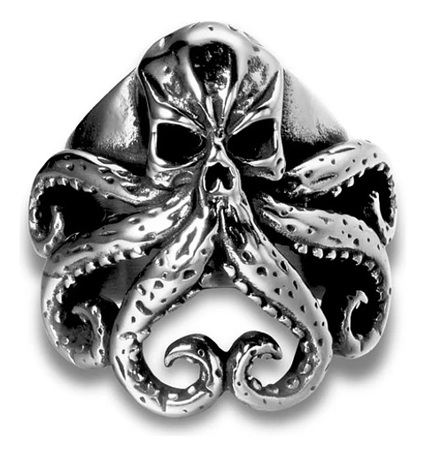 Anillo Pulpo Kraken Calavera Craneo Acero Color Negro Hombre