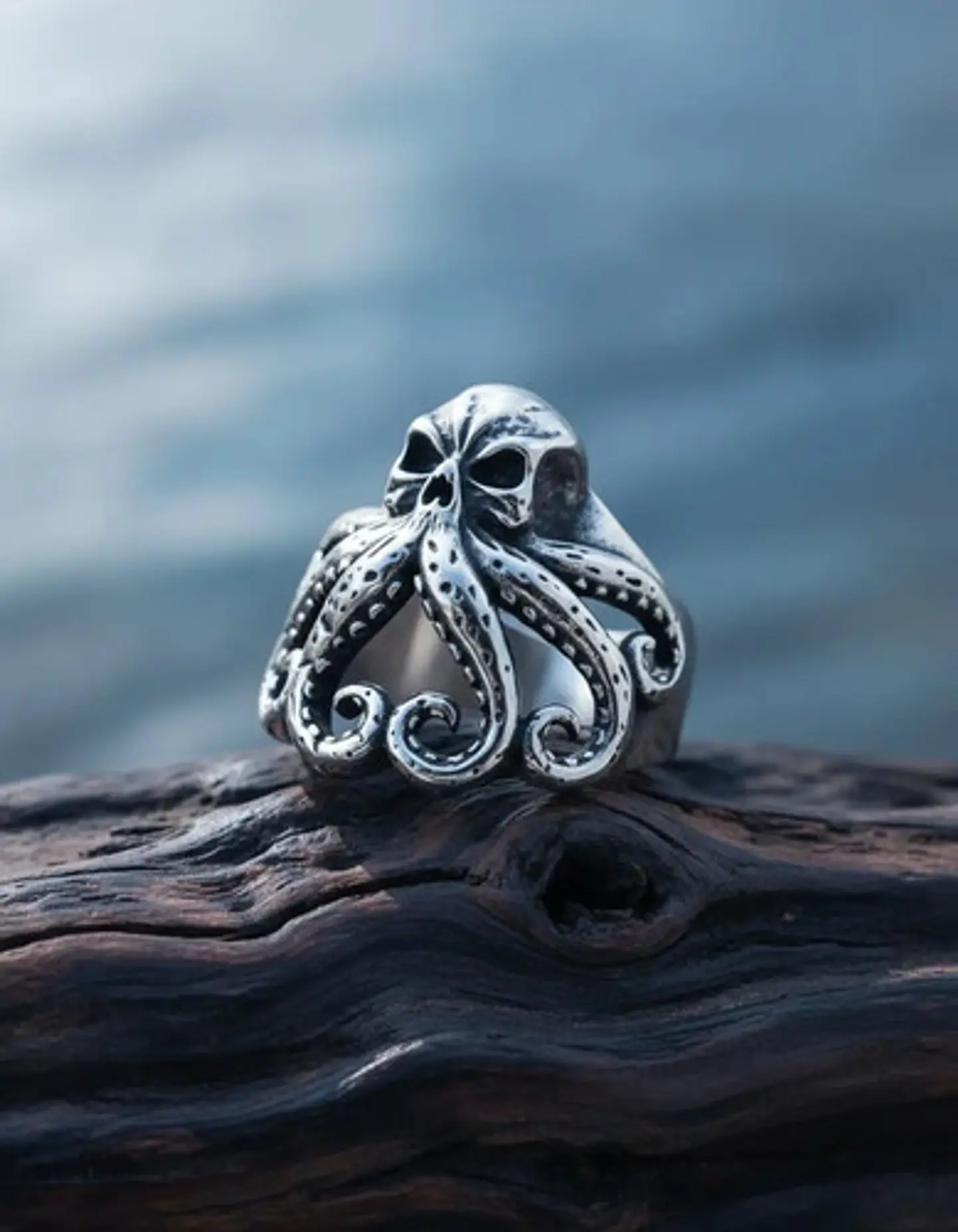 Anillo Pulpo Kraken Calavera Craneo Acero Color Negro Hombre 5