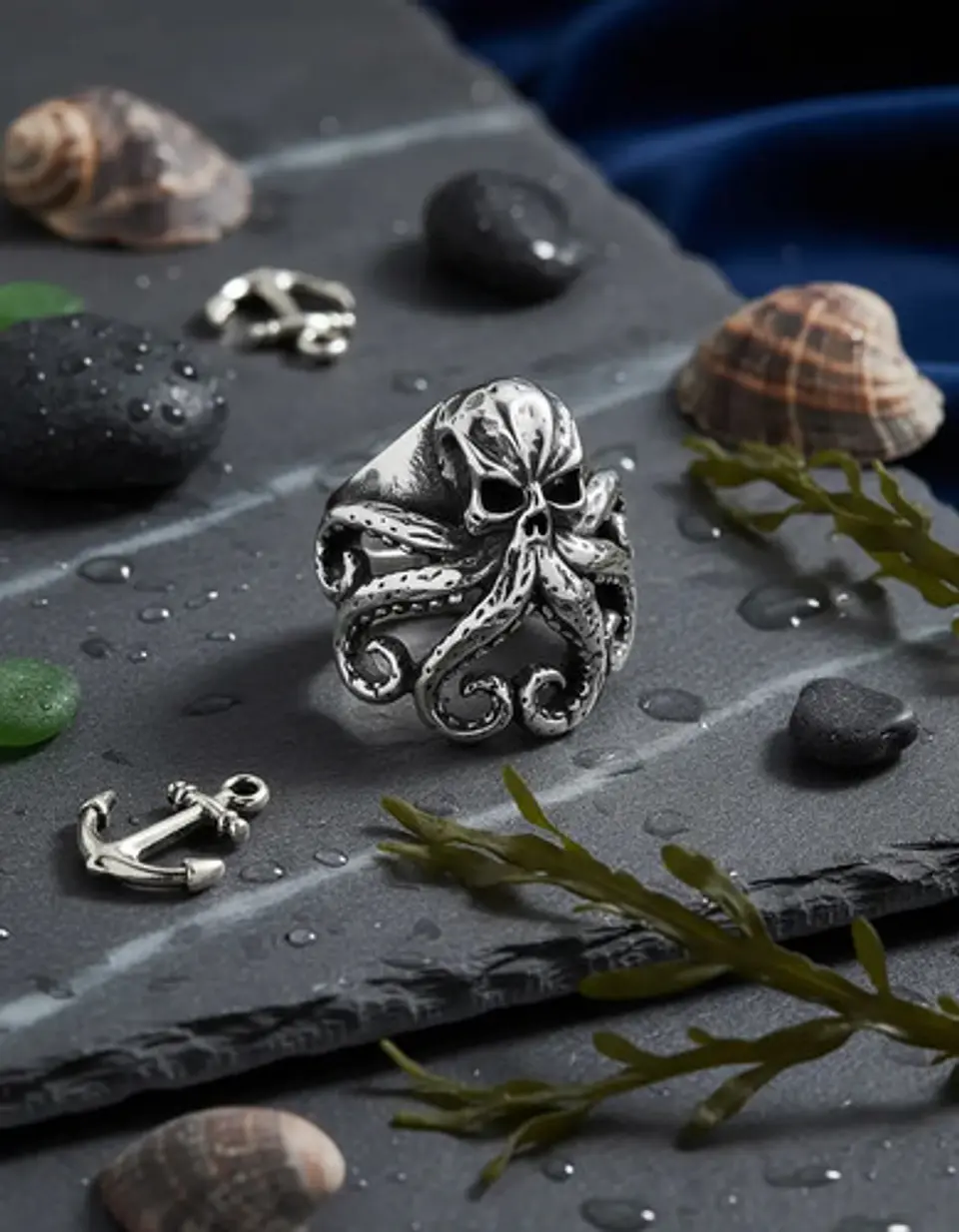 Anillo Pulpo Kraken Calavera Craneo Acero Color Negro Hombre 7