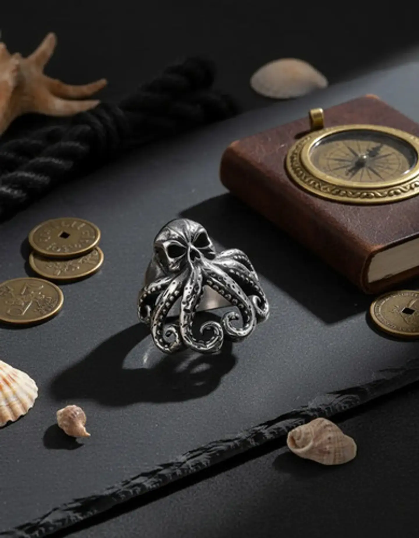 Anillo Pulpo Kraken Calavera Craneo Acero Color Negro Hombre 8