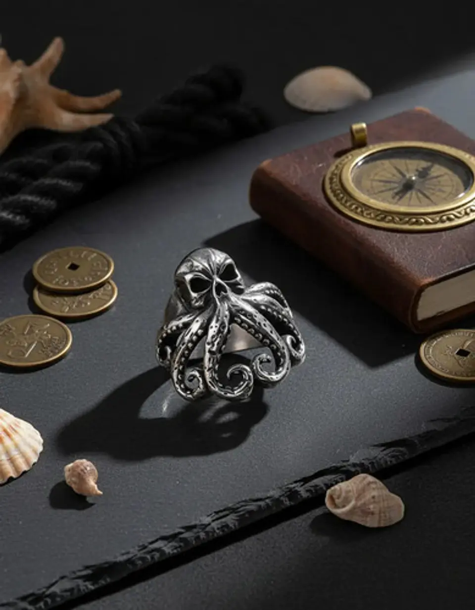 Anillo Pulpo Kraken Calavera Craneo Acero Color Negro Hombre 8