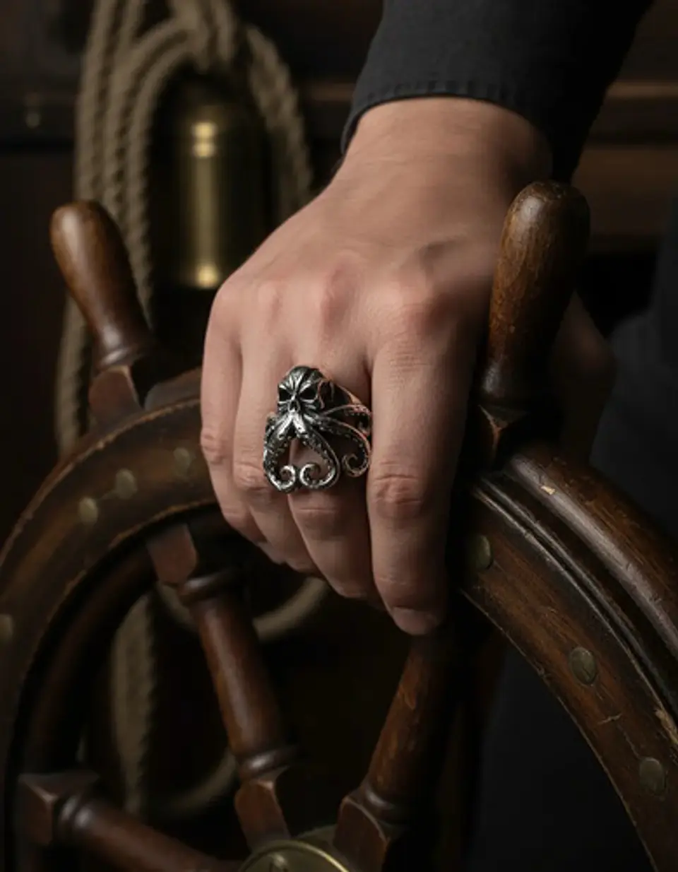 Anillo Pulpo Kraken Calavera Craneo Acero Color Negro Hombre 10
