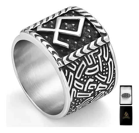 Anillo Hombre Vikingo Nórdico Runa Amuleto Acero Color Plata