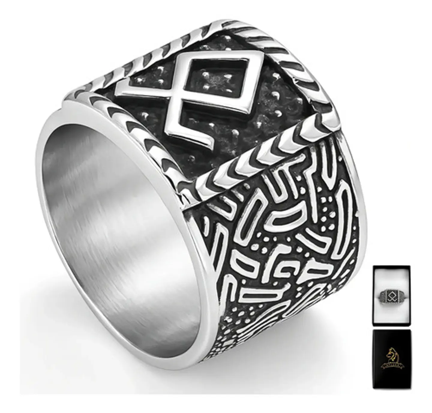 Anillo Hombre Vikingo Nórdico Runa Amuleto Acero Color Plata 1