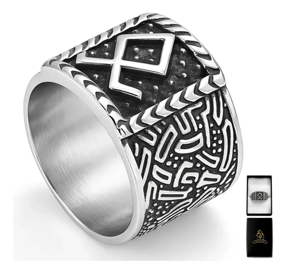 Anillo Hombre Vikingo Nórdico Runa Amuleto Acero Color Plata 1