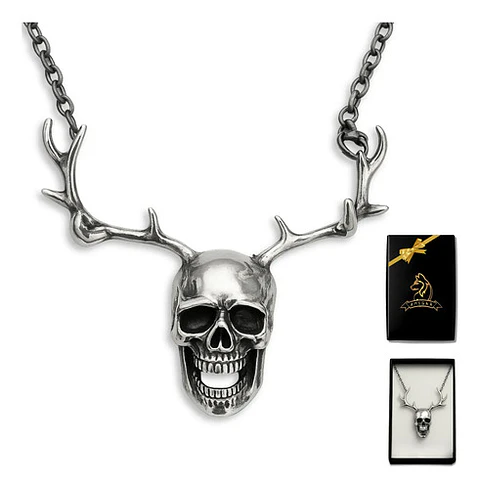 Collar Hombre Mujer Dije Cráneo Calavera Astas Gótico Acero Gris Oscuro