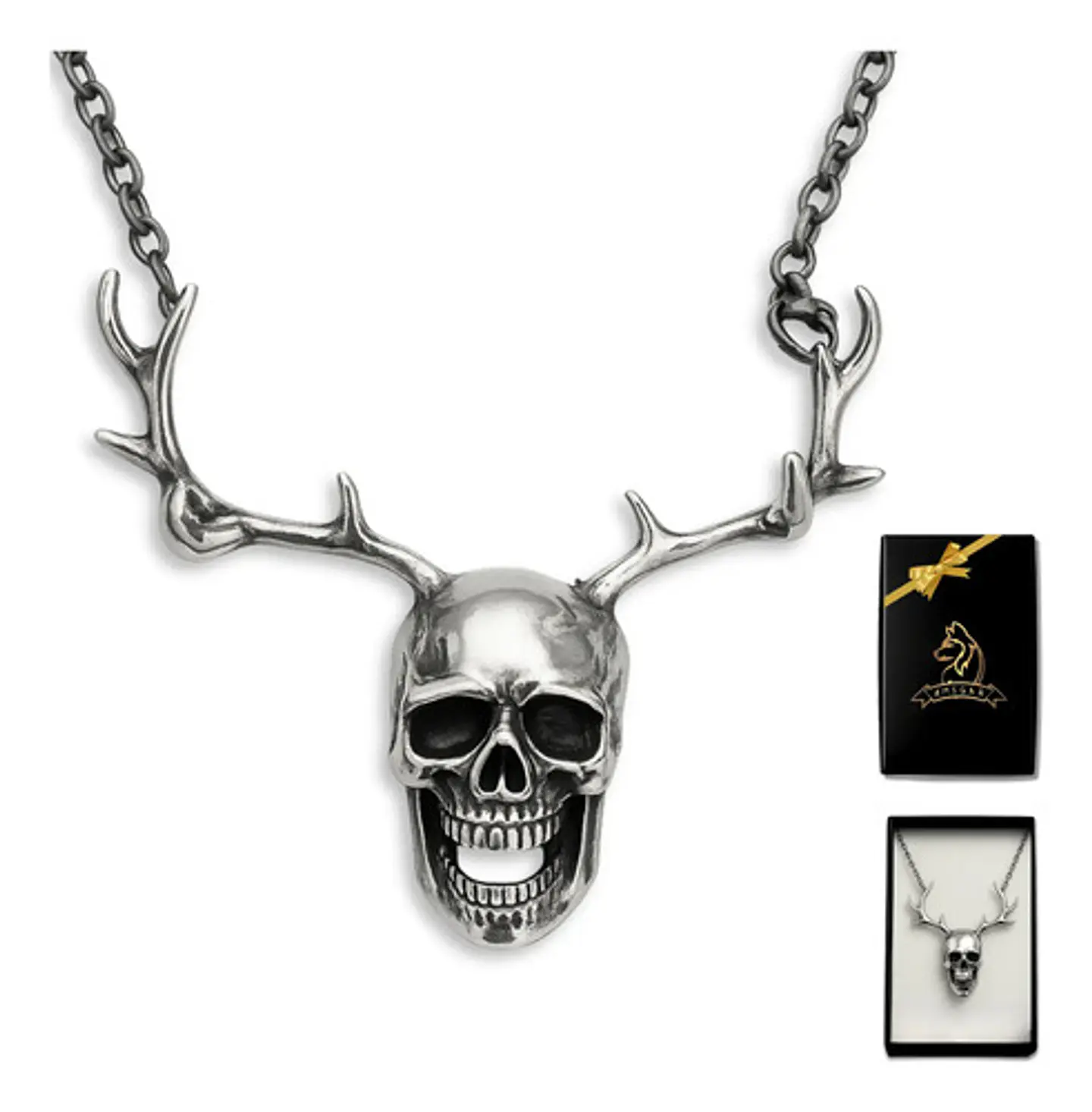 Collar Hombre Mujer Dije Cráneo Calavera Astas Gótico Acero Gris Oscuro 1