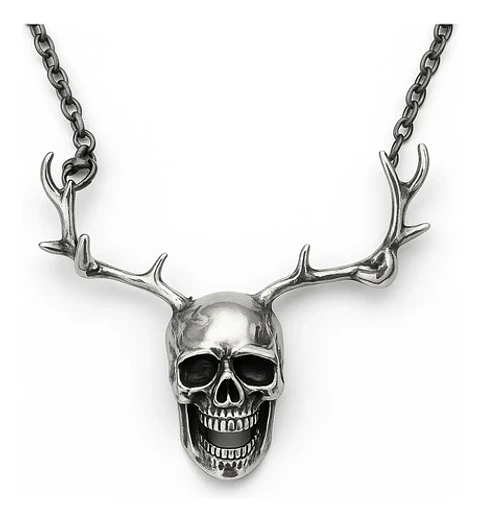 Collar Hombre Mujer Dije Cráneo Calavera Astas Gótico Acero Gris Oscuro