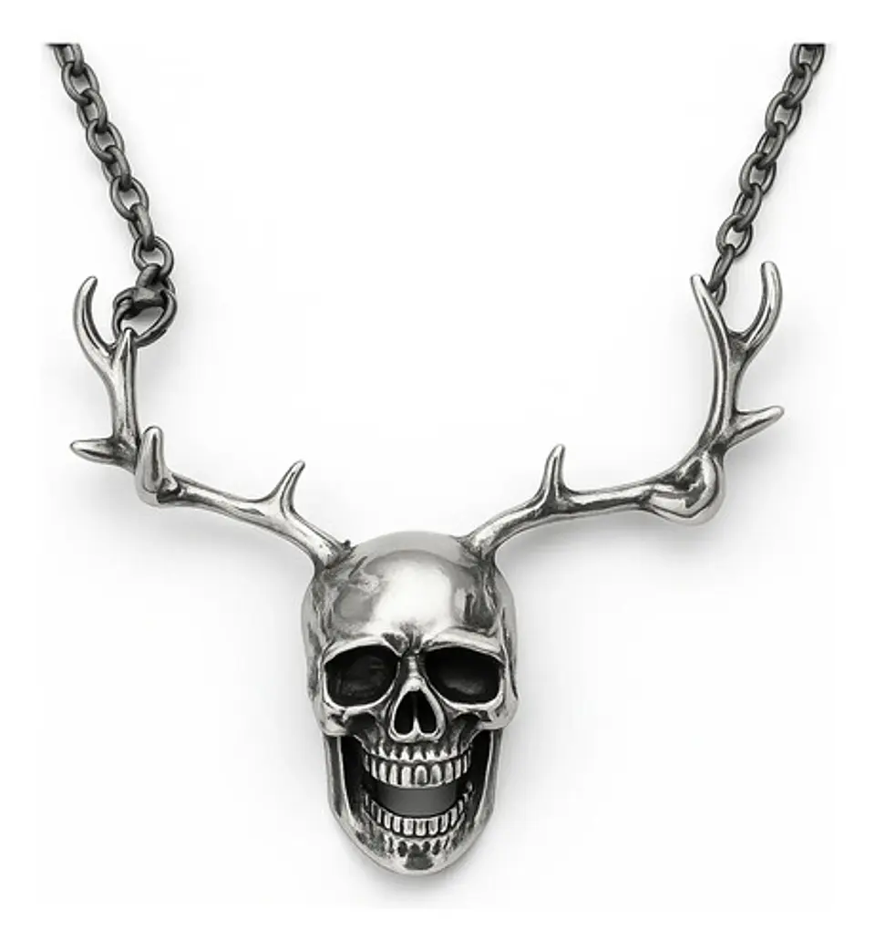 Collar Hombre Mujer Dije Cráneo Calavera Astas Gótico Acero Gris Oscuro 2