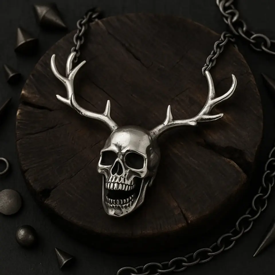 Collar Hombre Mujer Dije Cráneo Calavera Astas Gótico Acero Gris Oscuro 4